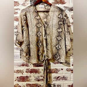 Adrienne Snakeskin Sheer Knotted Front Kimono Sleeve Blouse Size M